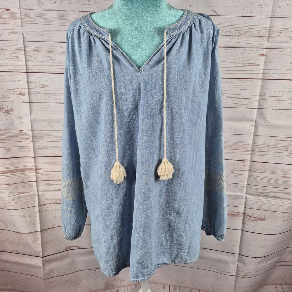 J Jill Denim Top Womens Large Blue Embroidered Chambray Peasant Cottagecore Boho